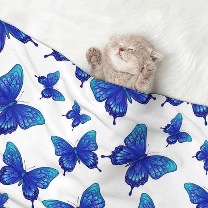 Pet Blanket for Car Rides Vet Visits, Butterflies Blue Purple, Two Sided Reversible Plush Design with Bumpy Dot Side Offers Comfort Home Piece On Go Travel