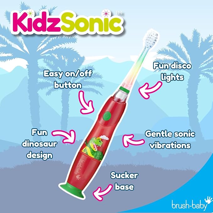 Brush‑Baby - KidzSonic Dinosaur Kids Electric Toothbrush for Ages 3+ with Disco LED Lights, Gentle Sonic Vibrations, 2-Minute Smart Timer & 30‑Second Pulse Reminders – AAA Battery Included