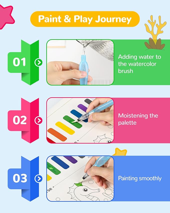 TECJOE Paint with Water Coloring Books for Toddlers, Marine Animal Series Watercolor Set with 3 Brushes, Mess Free Painting Activity for Kids Ages 4 5 6 7 8, Christmas Gifts Arts & Crafts Toy