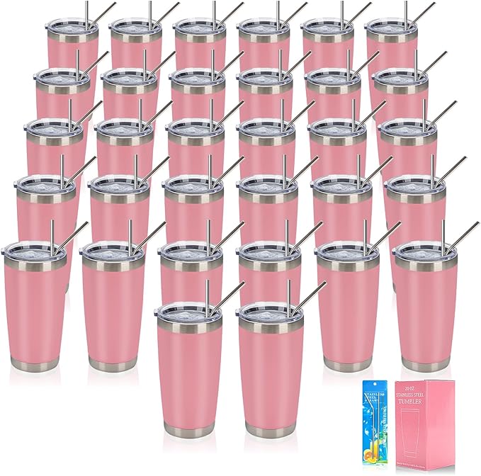 IEOVIEE 32 Pack 20oz Stainless Steel Bulk Tumblers with Lids and Straws Double Wall Insulated Travel Mug Durable Powder Coated Tumbler Bulk Cup for Cold and Hot Drinks(Pink)