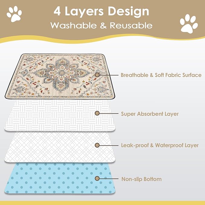Washable Pee Pad for Dogs, 32" x 24" Reusable Puppy Pads Waterproof Dog Rugs, Super Absorbent, Leakproof, Dog Crate Pad, Playpen Mat, Whelping Pads, White Medallion