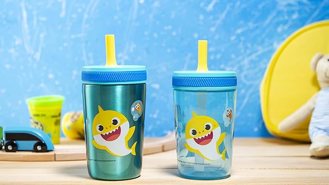 Zak Designs Baby Shark Kelso Tumbler Set, Leak-Proof Screw-On Lid with Straw, Bundle for Kids Includes Plastic and Stainless Steel Cups with Bonus Sipper (3pc Set, Non-BPA)15 fl oz.