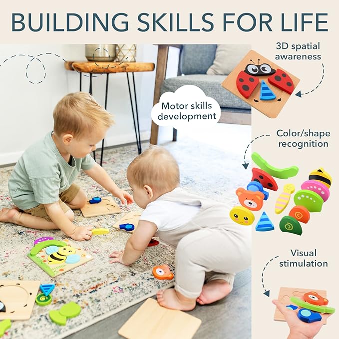 MAGIFIRE Toddler Wooden Puzzle Set - 4-Pack 5.7 x 5.7 Inch Multicolor Wood - Chunky Pieces for Small Hands & Portable Storage Bag - Toddler Puzzles Ages 3-5