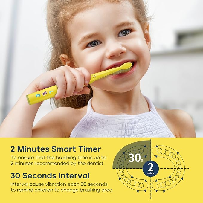 SEAGO Kids Electric Toothbrush, Rechargeable Sonic Soft Bristle Toothbrushes with 8 Brush Heads, DIY Stickers and 5 Modes, Ideal for Kids and Children, Ages 3–12,SG2303(Yellow)