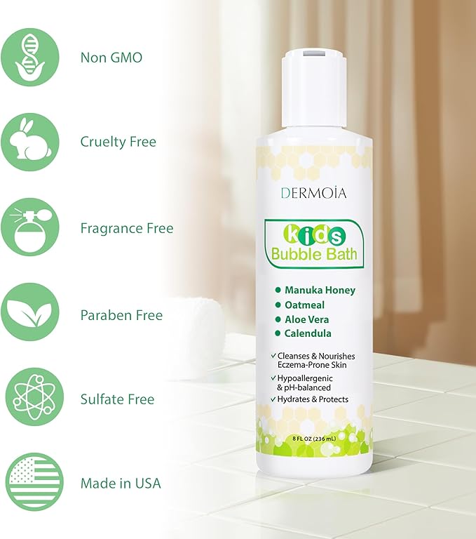 Kids Bubble Bath for Sensitive Skin & Eczema Relief - Baby Bubble Bath with Manuka Honey, Aloe Vera, Colloidal Oatmeal and Calendula - Kids Soap with Botanical Extracts for Sensitive Skin