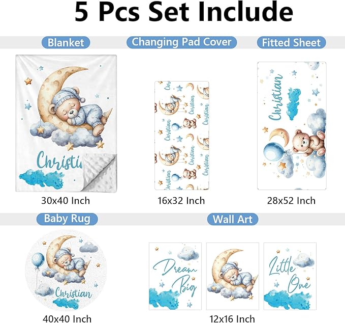 Personalized Crib Set, 5 Pcs Custom Baby Crib Set with Name, Blue Moon Bear Baby Bedding Set for Boys Girls, Double Layer Nursery Bedding Set, Toddlers Infants New Parents Gift