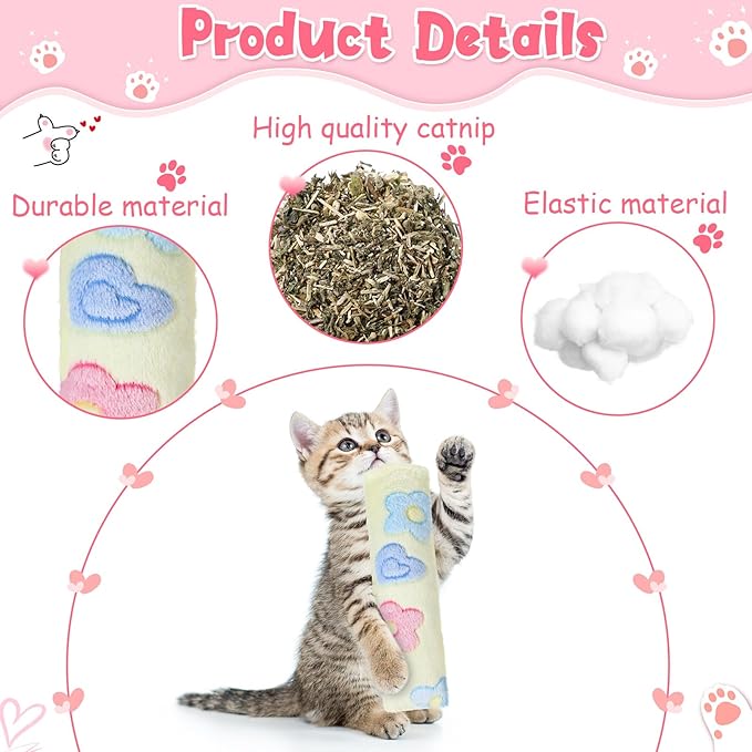 Civaner 6 Pcs Flower Toy Cat Catnip for Indoor Cat 10.6 Inch Kitten Kicker Stick Catnip Toy with Crinkle Sound Inside Interactive Soft Plush Kitten Pillow for Chew Exercise (Pink, Green, Yellow)