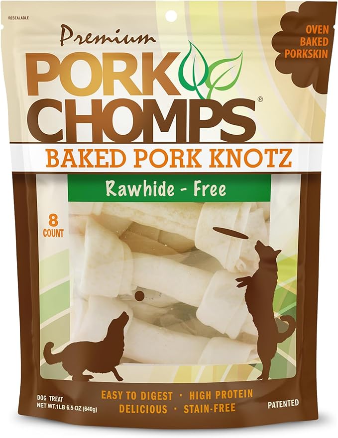 Pork Chomps Baked Pork Skin Dog Chews, 7 Inch Knots, 8 Count, 1 Pack - Long-Lasting Treats for Dogs - High Protein, Rawhide-Free, Low Fat, Healthy & Delicious Chews