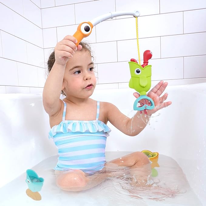Yookidoo Toddler Baby Bath Magnetic Fishing Game Toy with Water Effects (Ages 2+) Includes 3 Moving Fish, Worm & Fishing Pole (4pc) Floating Fish Playset for Bath Time or Pool (Mold Free)