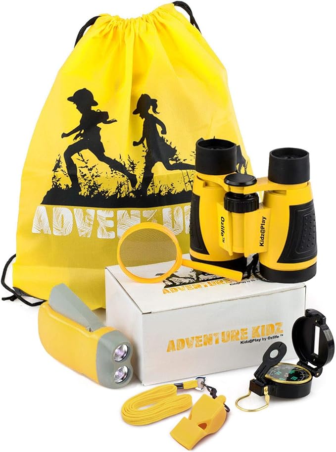 Adventure Kidz Outdoor Exploration Kit, Children’s Binoculars, Flashlight, Compass, Fox Whistle, Magnifying Glass, Backpack. Great Gift Set for STEM, Pretend Play, Ages 3+ Boys Girls