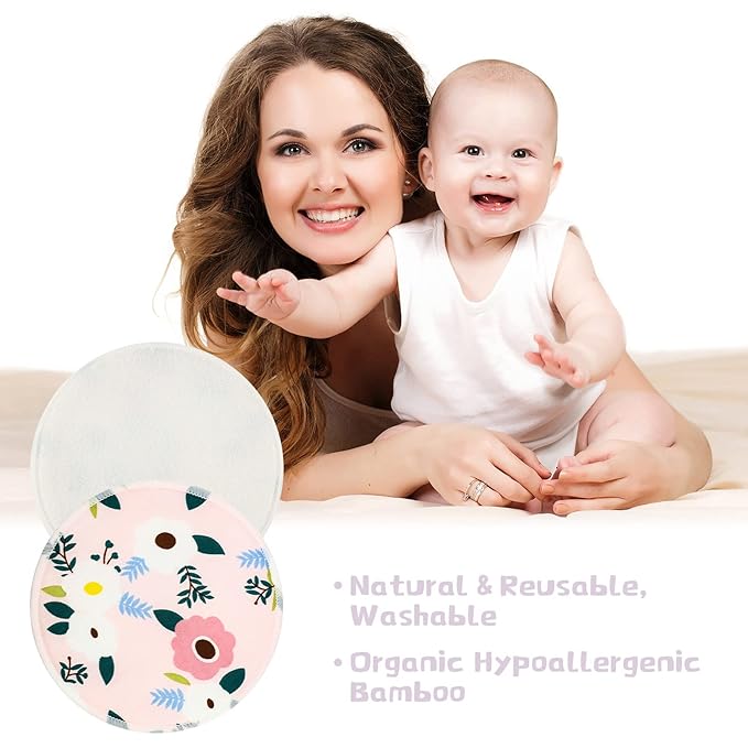 Sosation 30 Pcs Reusable Breast Pads Bamboo Nursing Pads with Wet and Laundry Bag Floral Nipple Favor Breastfeeding Mom Gift(Fresh Pattern)