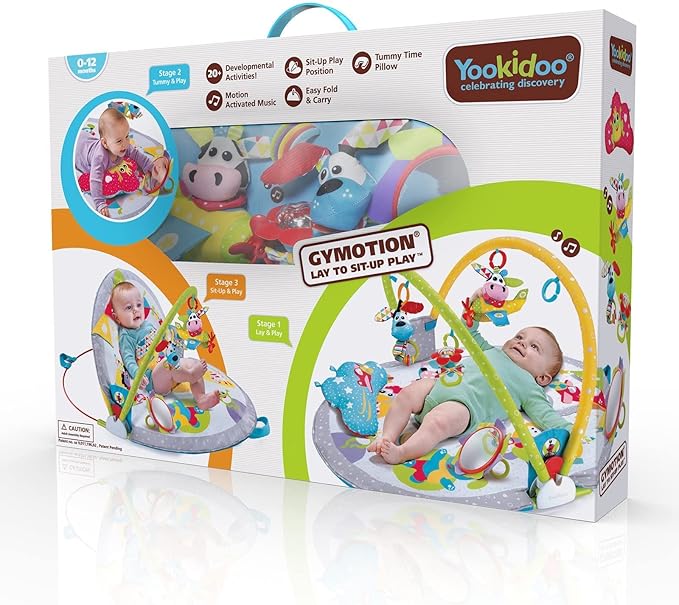 Yookidoo Baby Gym Lay to Sit-Up Playmat. 3-in-1 Newborns Activity Center with Tummy Time Toys, Pillow & Infant Miror. 0-12 Month