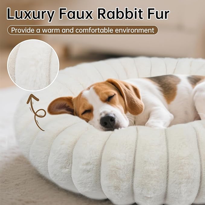 Donut Dog and Cat Bed, Luxurious Comfortable Faux Rabbit Fur Pet Beds, Soft Anti-Anxiety Calming Puppy Kitten Bed with Anti-Slip Bottom for Small Dogs & Cats(20", White)