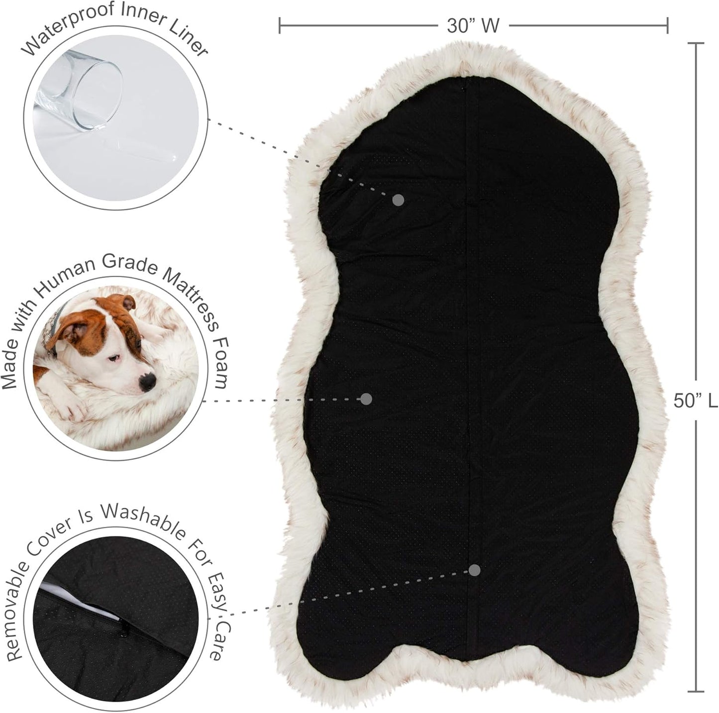 IHAPPYDOG Luxury Faux Fur Orthopedic Dog Bed, Memory Foam Dog Bed for Small, Medium, Large and XL Pets, Fluffy Pet Bed with Waterproof and Washable Cover (White w/Brown Tips, 50"x30")