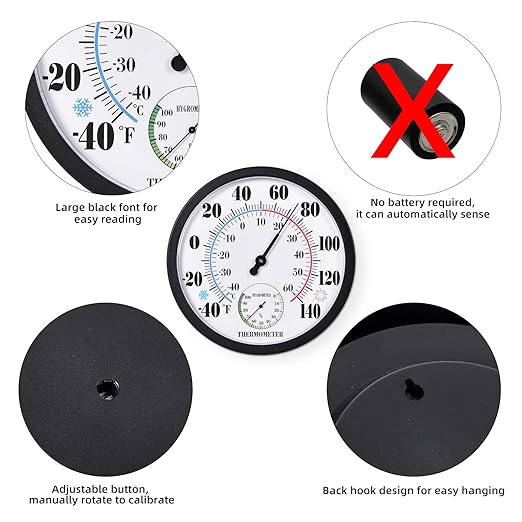 Indoor Outdoor Thermometer Large Numbers Wall Thermometer Hygrometer Waterproof Does not Require Battery 10 inch Wireless Hanging Hygrometer Garden Decoration (Black)