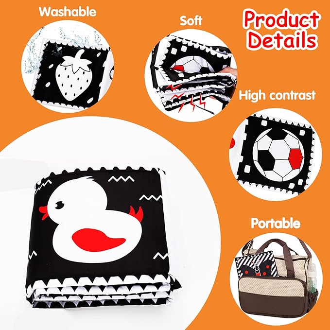 Thremhoo Black and White High Contrast Baby Toys 0-6 Months Soft Book for Brain Development, Tummy Time, Sensory, Montessori Learning Activities