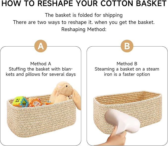 Small Storage Baskets for Organizing | Closet Organizer Bins | Shelf Toy Basket | Woven Rope Baskets | Cube Decorative Box | Shallow Basket | 13x8.5x5.1” | 3 Packs Light Pink