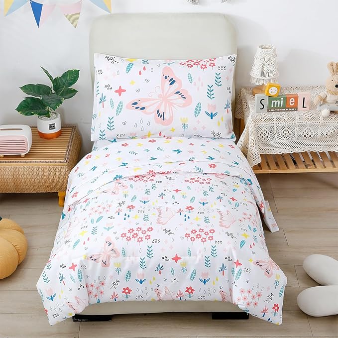 PERFEMET 5 Pieces Girls Bed in A Bag Full Size Reversible Pink Flowers Butterfly Comforter Set with Sheet Soft Lightweight Botanical Floral Bedding Set for Kids Teen(White, Full)