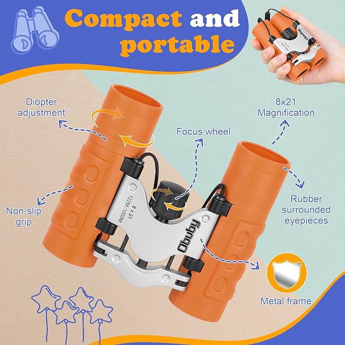 Obuby Real Binoculars for Kids Gifts for 3-12 Years Boys Girls 8x21 High-Resolution Optics Compact Toy Binocular for Bird Watching,Travel, Camping