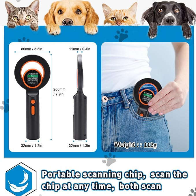 Pet Microchip Scanner, Portable Chip Reader 1.44 Inch TFT Screen Animal Microchip Scanner Support EMID FDX B Tag 240 Tag Data Storage 2.4GHz Wireless BT USB Connection