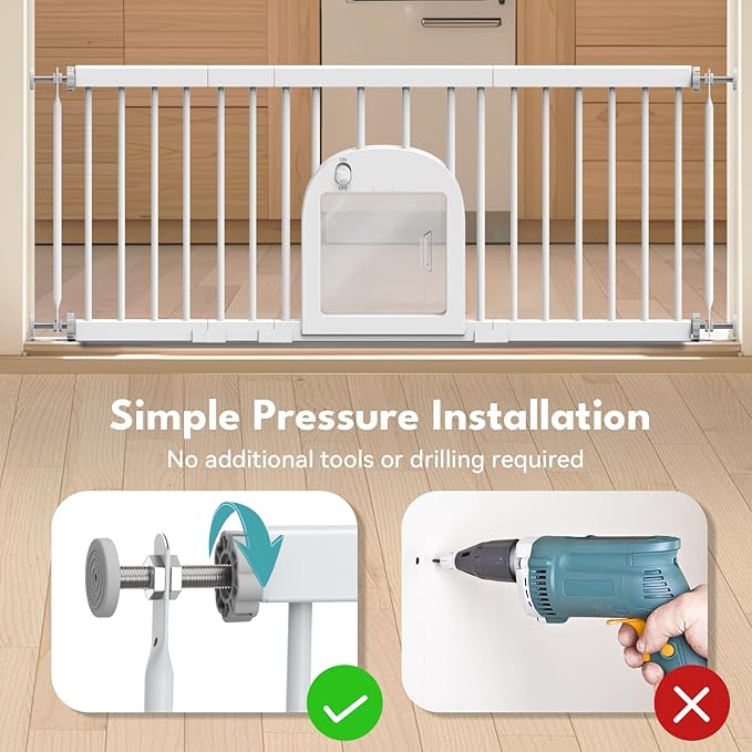 No Pawblems Dog Gate with Small Pet Door, 16"-42.7" Adjustable Metal Short Dog Gate to Step Over, 16.5" Tall Small Pet Gate with 3 Extension Kits, Pressure Mounted Gate for Doorways & Stairs, White