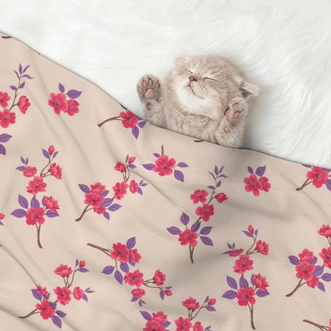 Reversible Plush Dot Pet Blanket for Dogs and Cats, Cherry Flower Seamless Flowers Pattern, Ultra Soft Two Sided Design with Warm Fuzzy Side and Smooth Side for Comfort