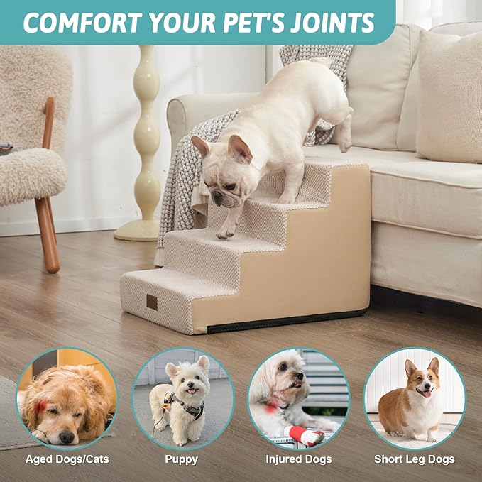 Dog Stairs for Small Dogs, 3 Tier Pet Stairs for Couch, 13.5" H Non-Slip Dog Steps for Old Cats, Puppy, Small Dogs, 15.7x17.7x13.5 inch, Beige