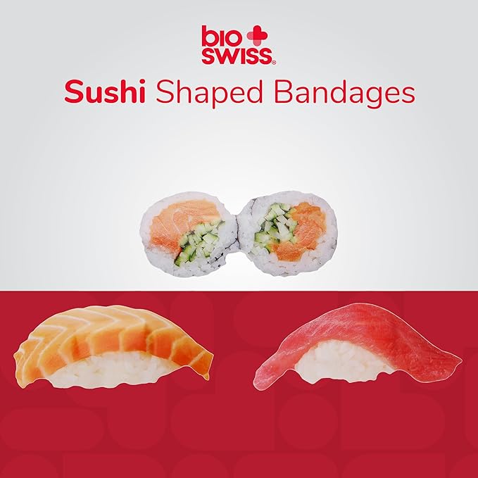 BioSwiss Bandages, Sushi Shaped Self Adhesive Bandage, Latex Free Sterile Wound Care, Fun First Aid Kit Supplies for Kids, 50 Count