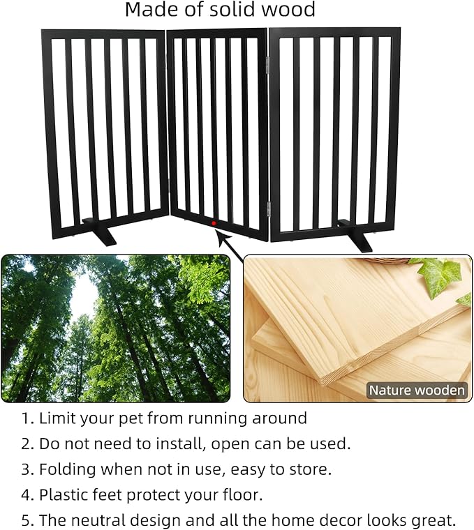 ZJSF Freestanding Indoor Dog Gate for House Foldable Wood Puppy Gate for Doorways Pet Gate for Stairs Extra Wide Pet Fence, Black, 32" Height 3 Panels