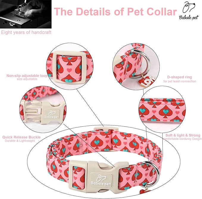 Valentines Dog Collar for Small Dogs - Design Cute Rose Red Valentine Dog Collars Boy Girl Puppy Adjustable Quick Release Buckle Collar with Little Heart Charm XS