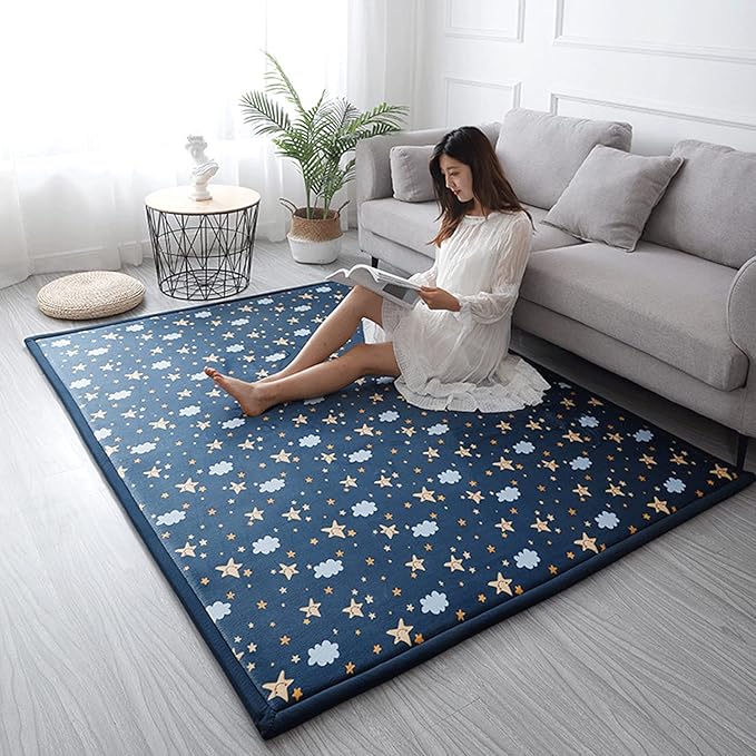 Loartee Coral Velvet Area Rug - 1" Thick Memory Foam Baby Play Mat, Washable Toddler Carpet, Home Decor for Living Room, Nursery, Kids Bedroom, Starry Blue, 5'11"x6'7"