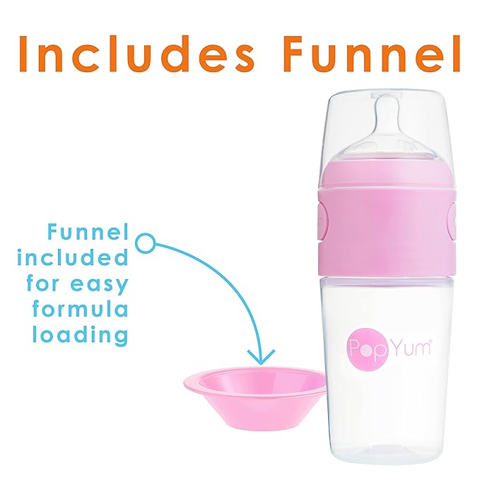 PopYum 9 oz Pink Anti-Colic Formula Making/Mixing/Dispenser Baby Bottles, 2-Pack with #2 Medium Flow Nipples, 260 ml, BPA-Free, Natural Latch
