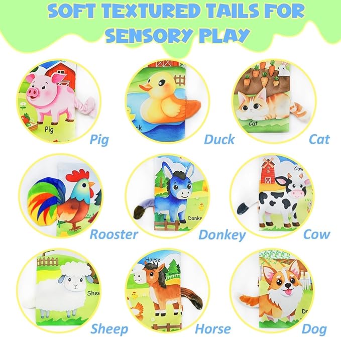 Farm Crinkle Books for Babies with 10 Finger Puppets Set, Touch and Feel Cloth Soft Farm Animal Tail Book with BiBi & Teething Toy, Puppets for Kids Ages 4-8, Baby Shower Birthday Gifts
