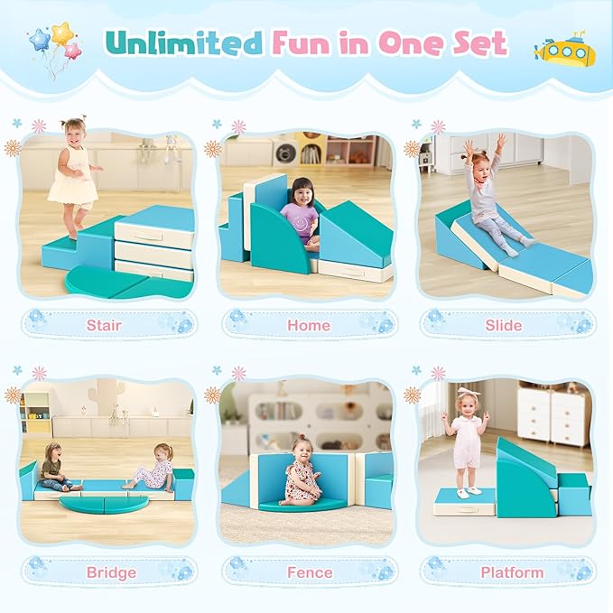 Lischwert Foam Climbing Blocks for Toddlers 1-3, 5pcs Foldable Soft Play Set with Crawling Exploration Toys - Indoor Infant Safe Blocks for Baby Gym & Toddler Playground - Blue