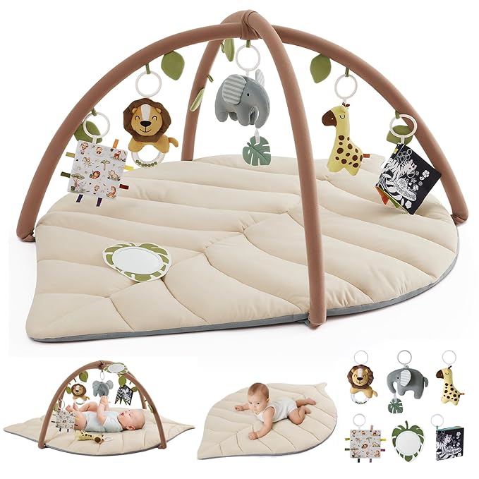 Blissful Diary Baby Play Gym & Activity Mat, Leaf Shaped Baby Tummy Time Play Mat with 6 Detachable Toys, Promotes Motor Skills & Sensory Development, Newborn Baby Essentials Gift, Oatmeal Beige