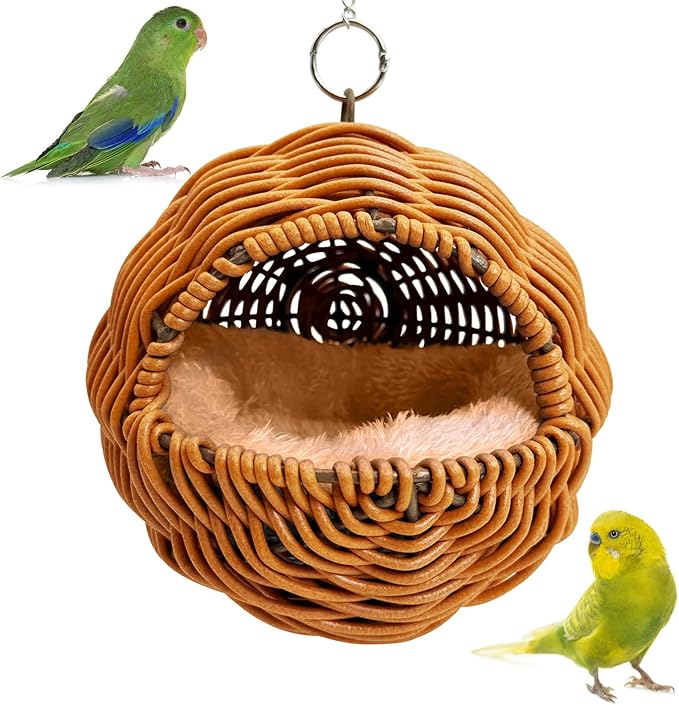 BNOSDM Rattan Parrot Nesting House Bird Nest Parakeet Hanging Swing Soft Lovebird Warm Bed Sleeping for Parrots Bird Cage Accessories for Cockatiels Budgerigars Finches Canaries (Khaki & Brown)