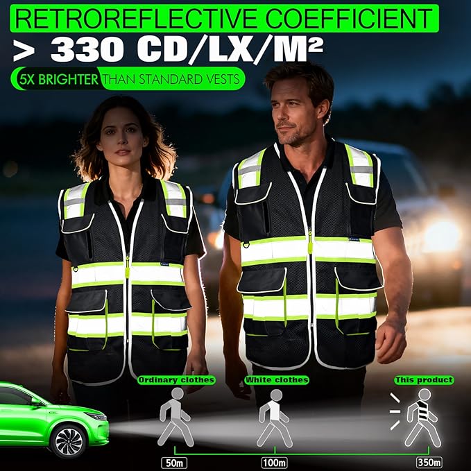 BeautyWill Safety Vest Class2 ANSI Certified Custom Logo High Visibility Reflective Vest for Men -10 Pockets Personalized Logo Heavy-Duty Work Vest（Mesh Black，XL）