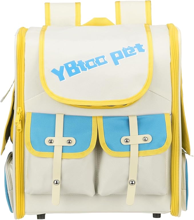 Pet Backpack Carrier, Portable and Ventilated, Oxford Cloth, Dogs Cats and Small Animals Travel Bag 13.39", (Beige, Yellow, Blue, 1 Pcs), Intended for Hiking/Camping/Traveling