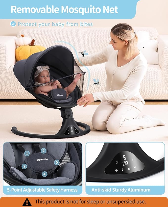 LAREX Baby Swing to Toddler Electric Infant Swing Portable for Newborn Boy Girl, 5 Sway Speeds with Remote Control, 12 Preset Melodies and Bluetooth, 0-6 Months Max 20 Lbs (2024 Model-Black)