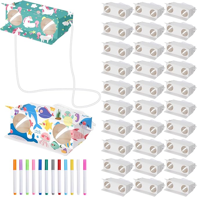 Shappy 30 Pcs Cardboard Folding Binoculars with Coloring Markers Paintable Make Your Own Paper Binocular 3x Magnification DIY Craft Toys for Boys Girls Birthday Party Supplies Class Activity