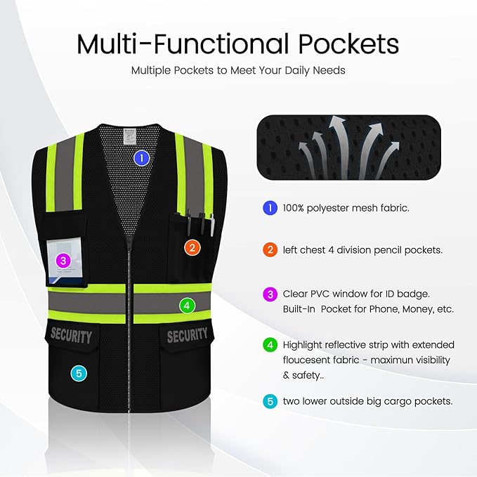 Security Vest for Security Guard, Safety Vest with Pockets, Reflective Work Wear with Zipper, High Visibility apparel, ANSI Compliant, Black, XL