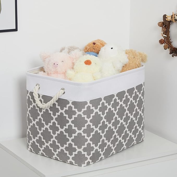 Bidtakay Large Fabric Storage Basket Set of 2 Collapsible Rectangle Basket for Shelves 16" X 11.8" X 11.8" Decorative Organizer Bins for Clothes Toys(White&Quatrefoil Grey)