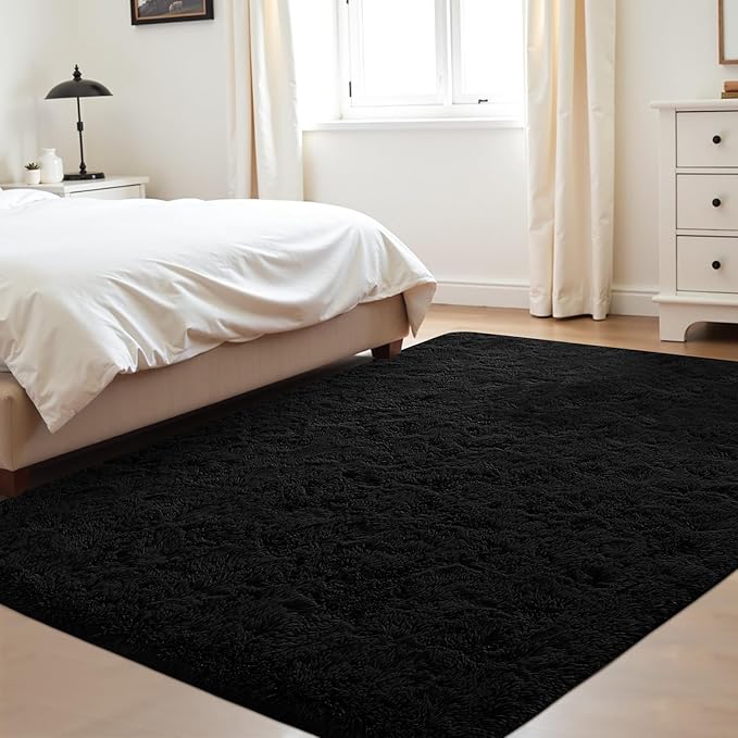 4x6 Area Rug for Living Room: Fluffy Shag Soft Washable Rugs Fuzzy Plush Indoor Carpet for Bedroom Nursery Playroom Dorm Kids Girls Boys Room (Black, 4'x6')
