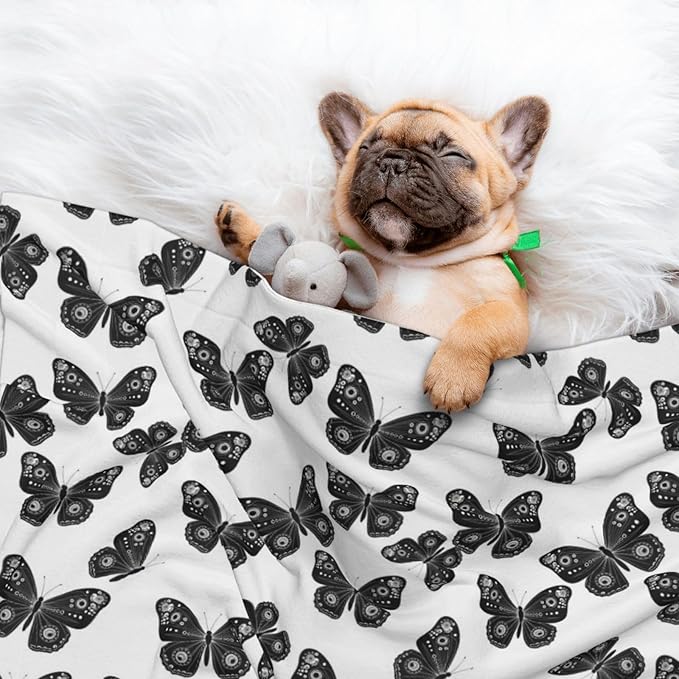 Double Sided Pet Mat for Dog Bed Topper Cat Blanket Furniture Protector, Butterflies Black and White, Reversible Plush with Tactile Dot Pattern for Style Change