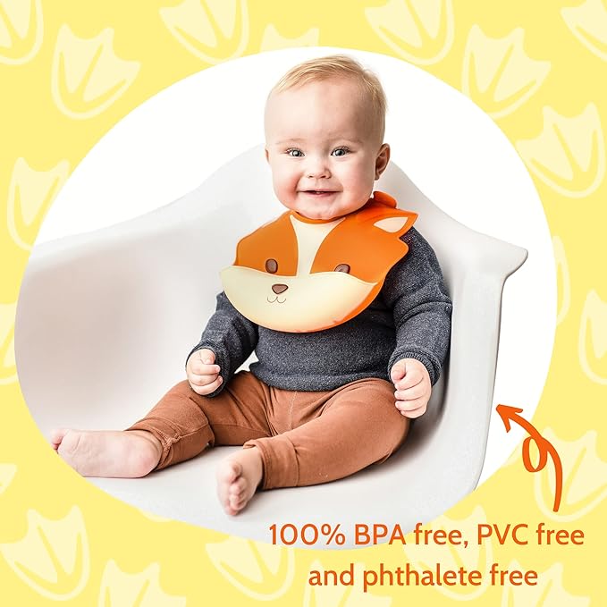 Silly Goose Set of 2 Silicone Baby Bibs, for Babies and Toddlers, Waterproof, Adjustable, Soft, Extra Wide Food Catcher Pocket, Animals (2PK Fox+Hippo)