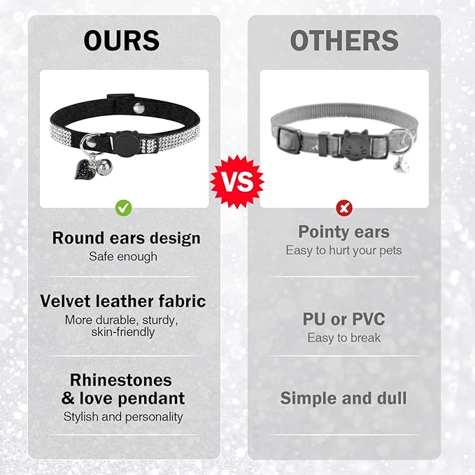 Rhinestone Cat Collar Breakaway with Bell, Diamond Cat Collar with Safety Buckle Quick Release for Girl Boy Small Kitten Pets Puppy,Cute Soft Female Male Cat Collars, Color Black 7-9"