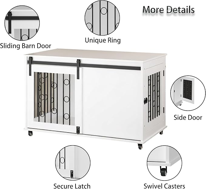 39.37'' Modern Wooden Dog Crate Furniture with Sliding Barn Door and Side Door, Indoor Dog Kennel End Table for Small to Medium Dogs, Decorative Pet Crate with Metal Bars and Lockable Wheels