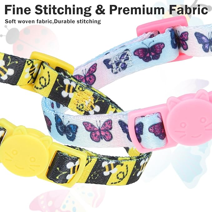 Cat Collar Breakaway with Bells, 3 Pack Spring Flower Cat Collars for Girl Boy Cats, Cute Kitten Collars with Safety Buckle Adjustable 8"-12" for Outdoor Indoor Kitty Puppy Small Pets, Insect