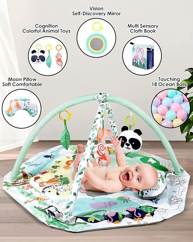 dearlomum 4-in-1 Tummy Time Mat,Baby Activity Play Mat,Newborn Play Baby Mats for Floor with 6 Infant Learning Sensory Baby Toys, Toddler Motor Skill Development,Babies Ball Pit with 18 Ocean Balls