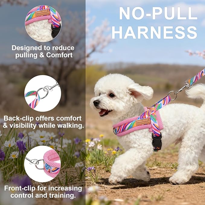 BEAUTYZOO Dog Harness for Small Dogs,No Pull Dog Harness and Leash Set,Soft Escape Proof Puppy Vest Harness with Handle,Reflective Lightweight Step in Harness for Girl Boy Dogs,Pink_Print XS